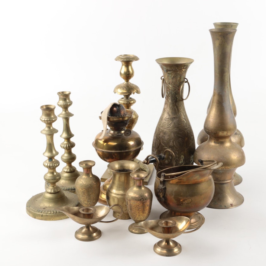 Brass Vases, Candlesticks, Oil Lamp and Other Decor