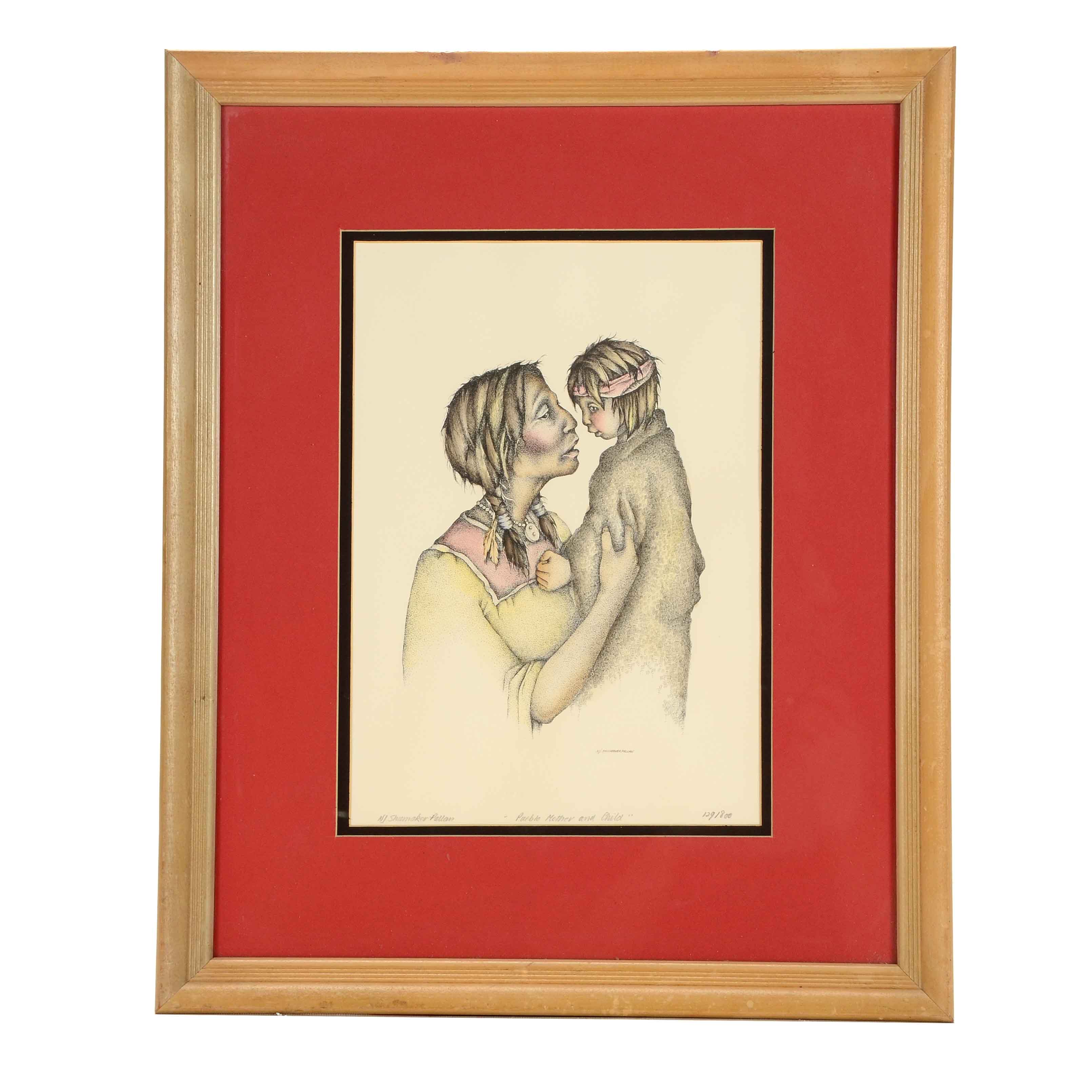 Nancy Shumaker Pallan Signed Colored Lithograph "Pueblo Mother and Child"