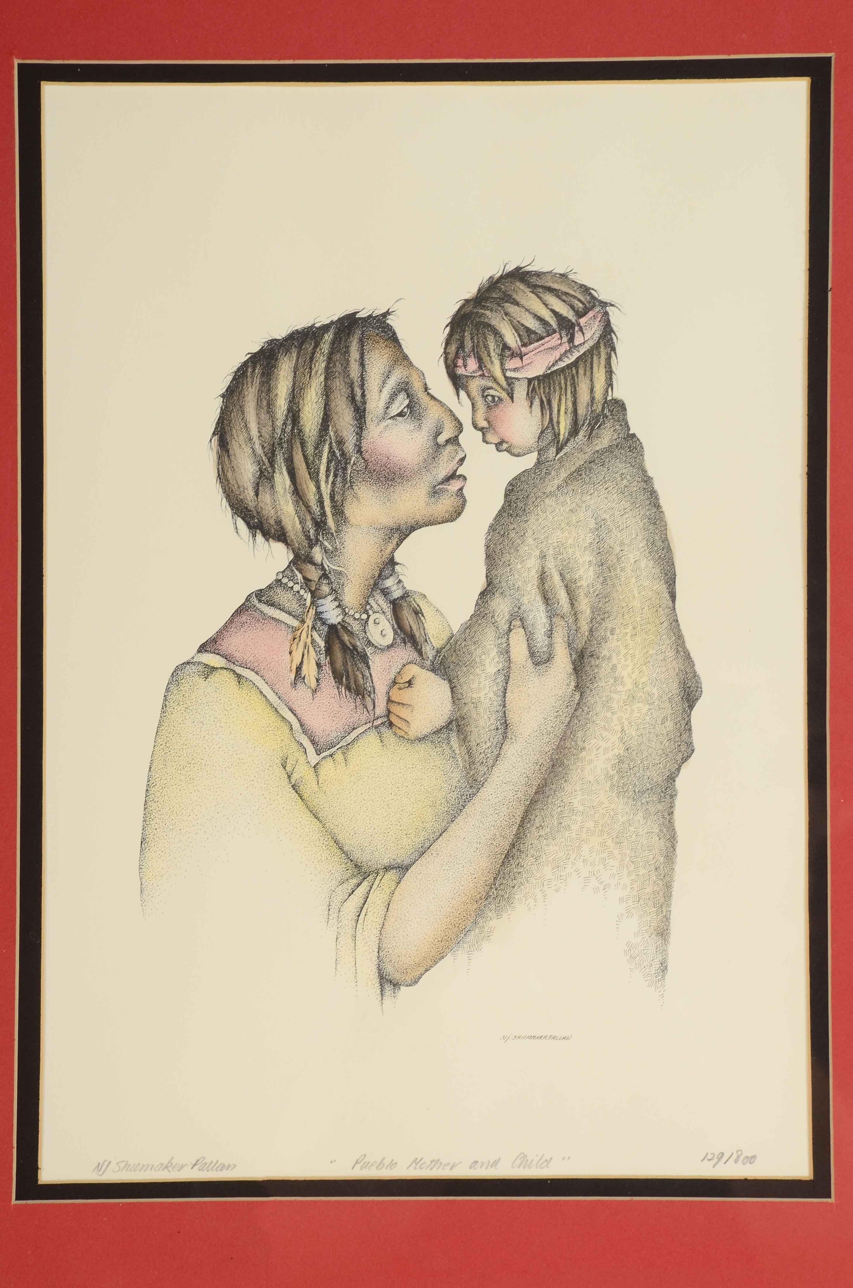 Nancy Shumaker Pallan Signed Colored Lithograph "Pueblo Mother and Child"