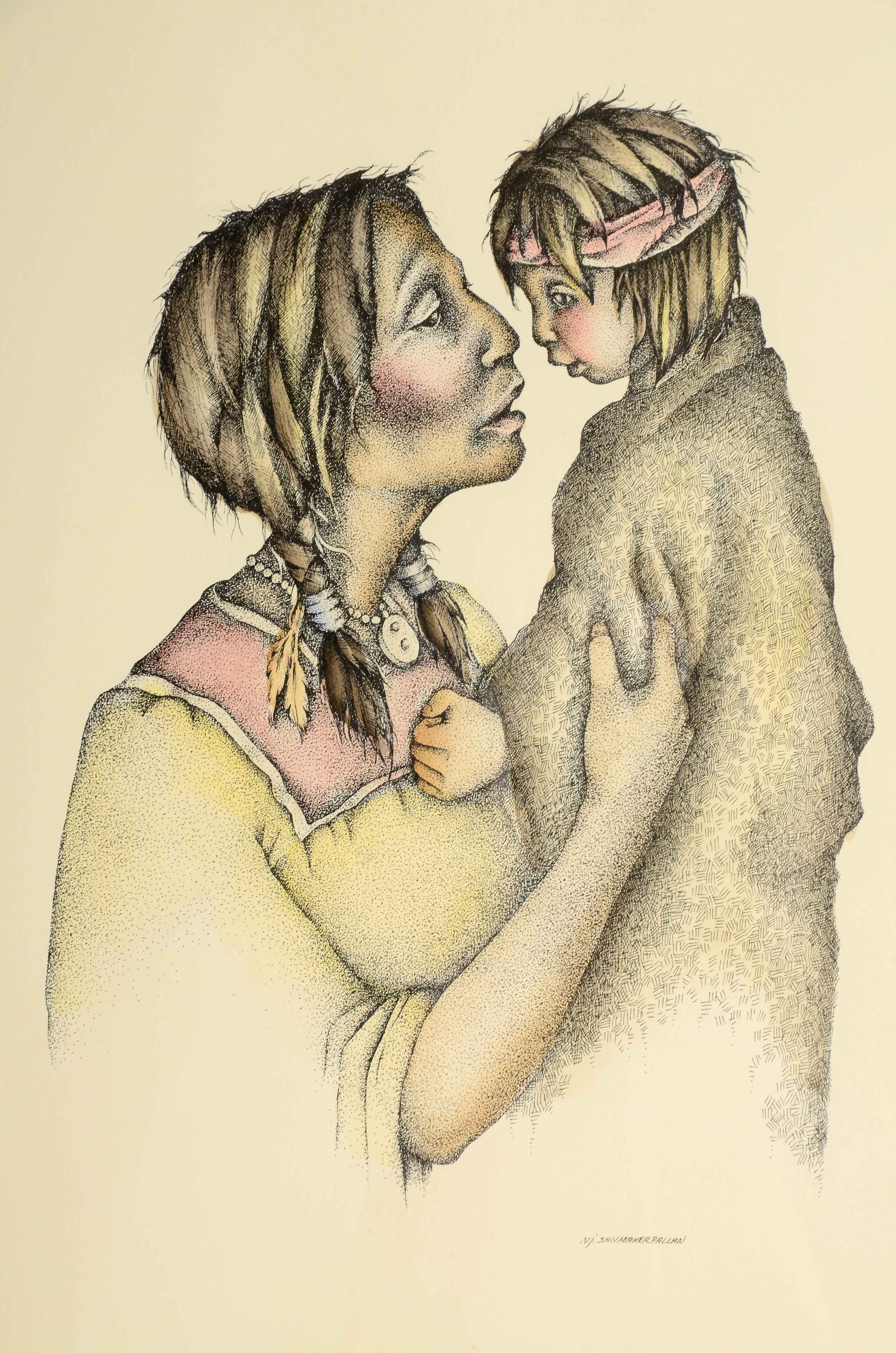 Nancy Shumaker Pallan Signed Colored Lithograph "Pueblo Mother and Child"