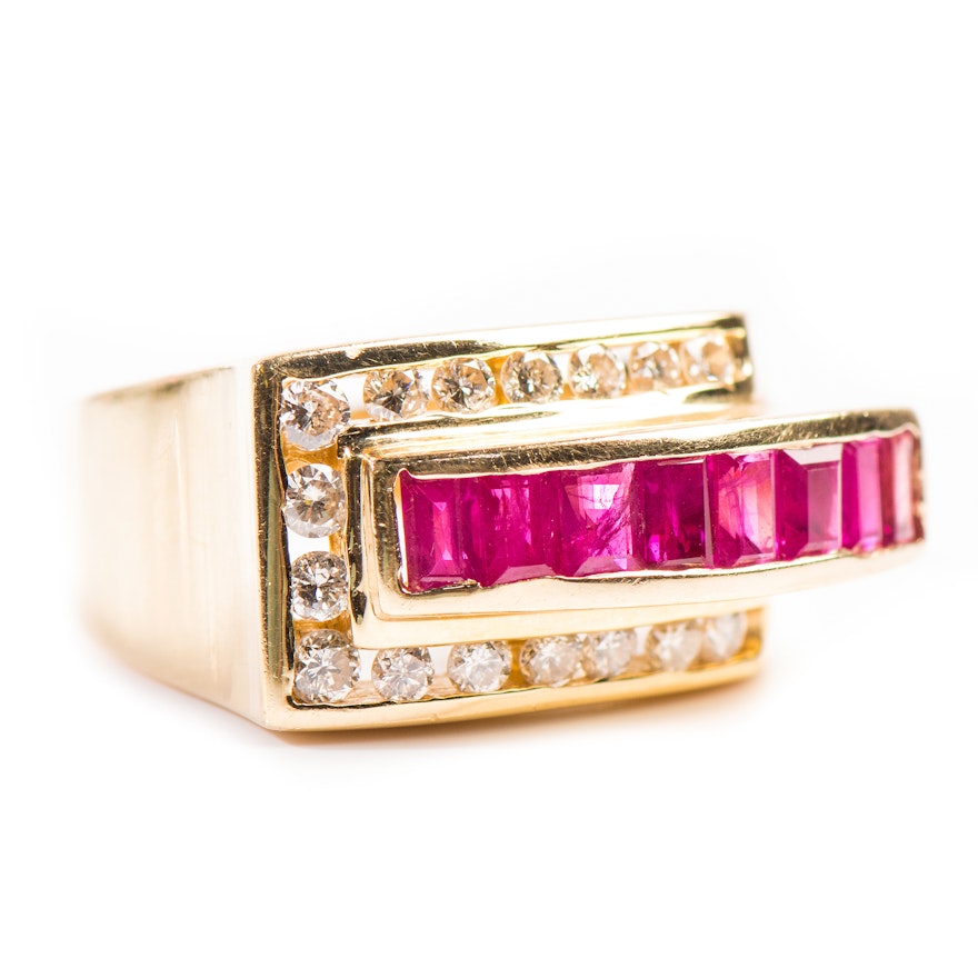 14K Yellow Gold Ruby and Diamond Channel Set Ring