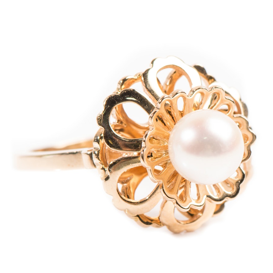 14K Yellow Gold Cultured Pearl Flower Petal Ring