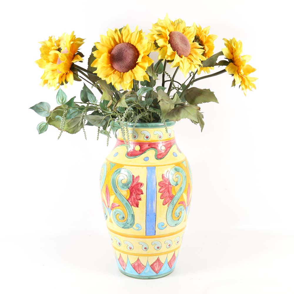 Large Hand Painted Italian Vase with Sunflowers