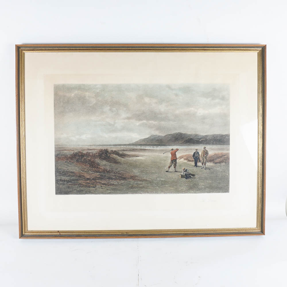 Hand Colored Print After Douglas Adams Golf Illustration "The Drive"