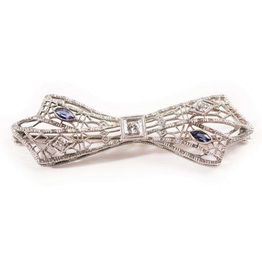 14K White Gold Diamond and Synthetic Sapphire Bow Brooch
