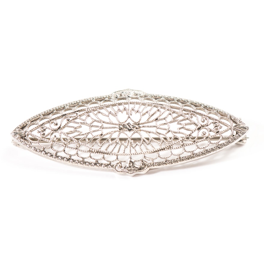 10K White Gold Filigree Brooch