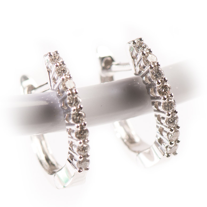 14K White Gold Diamond Huggie Hoop Earrings