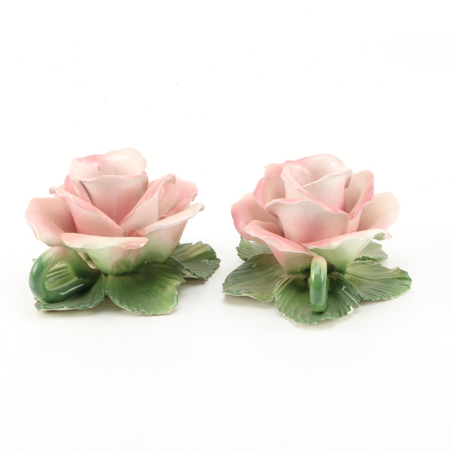 Pair of Italian Made Ceramic Pink Rose Candleholders