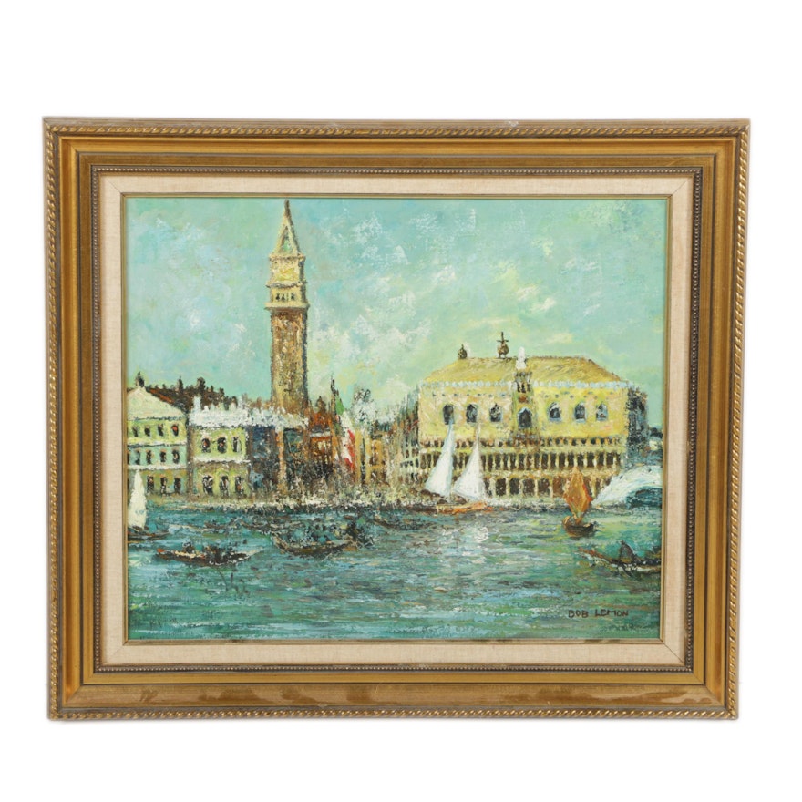Bob Lemon Oil Painting of a Canal and San Marco Campanile