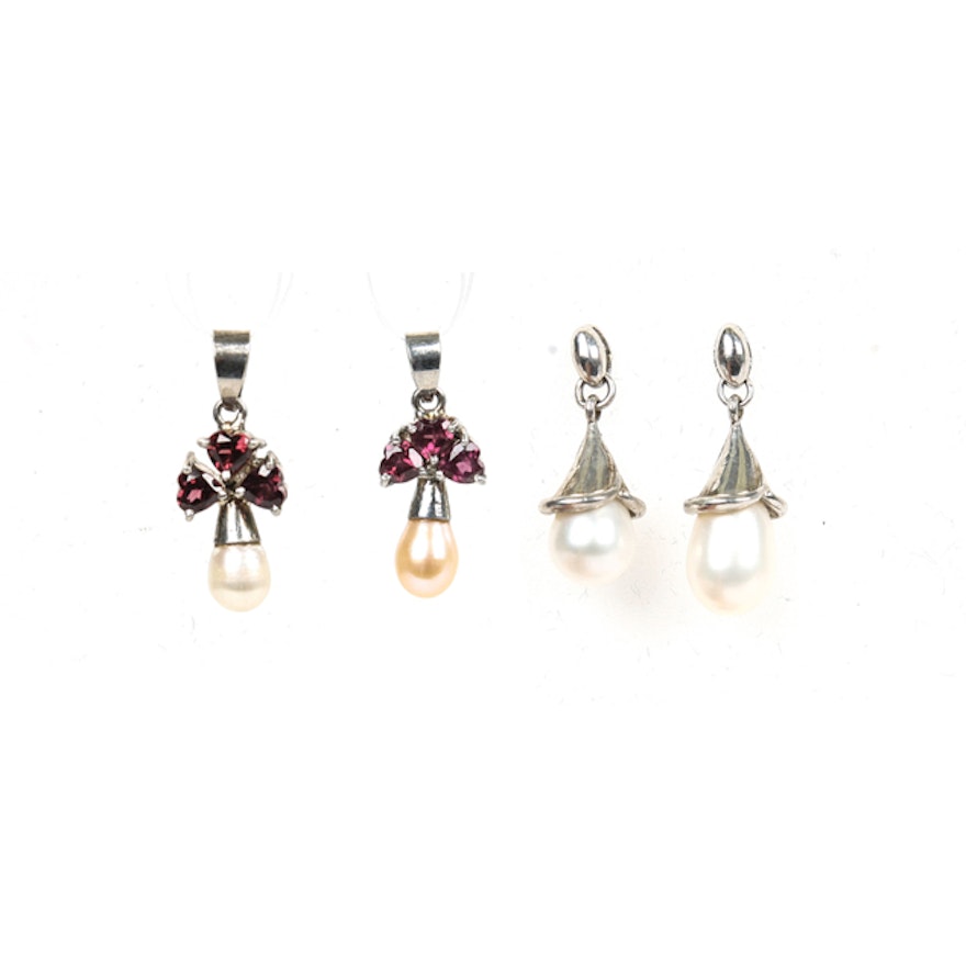 Sterling Silver Garnet Pendants and Pearl Earrings