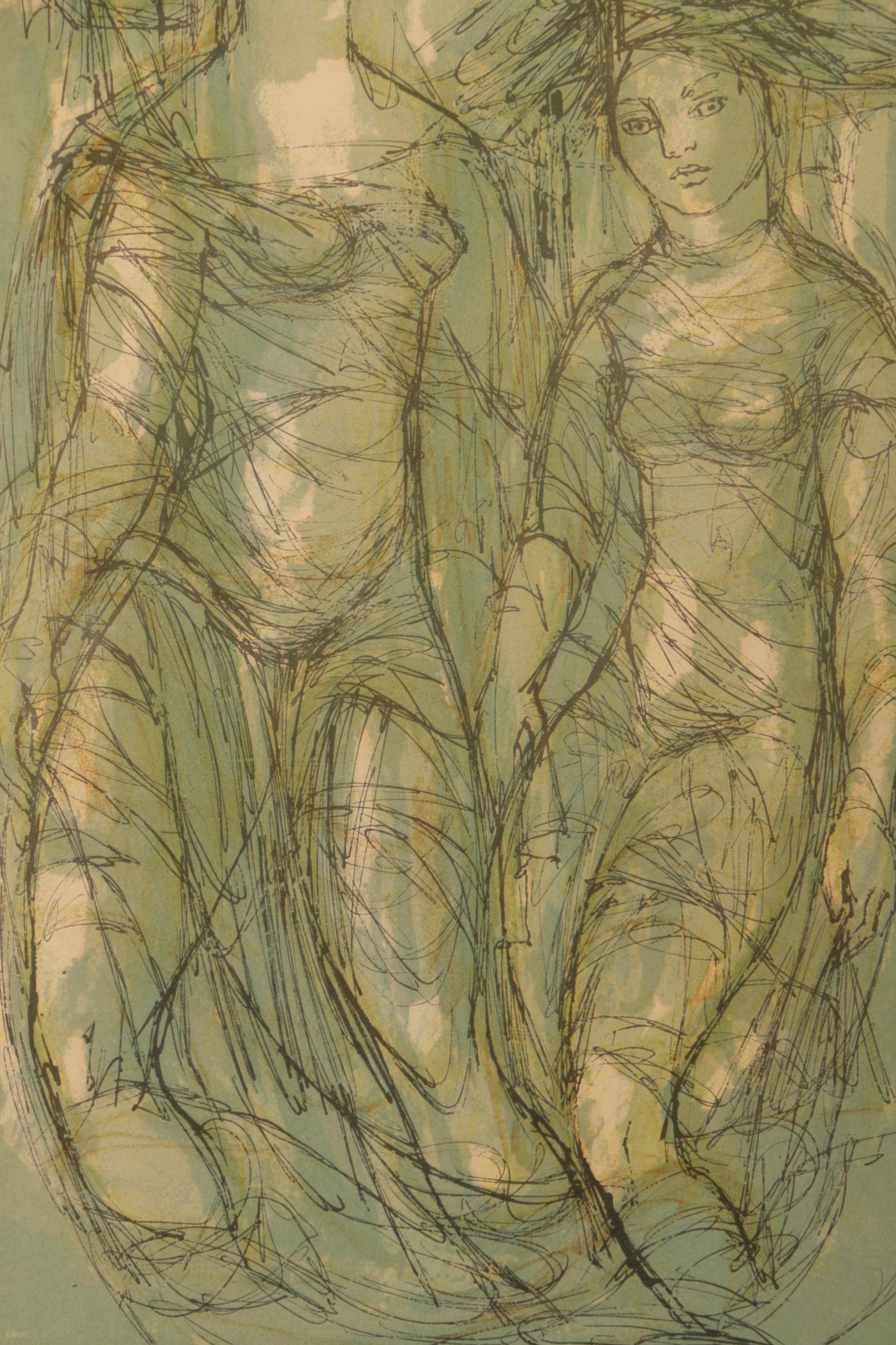 Madeline Scellia Artist Proof Hand Colored Lithograph of Women