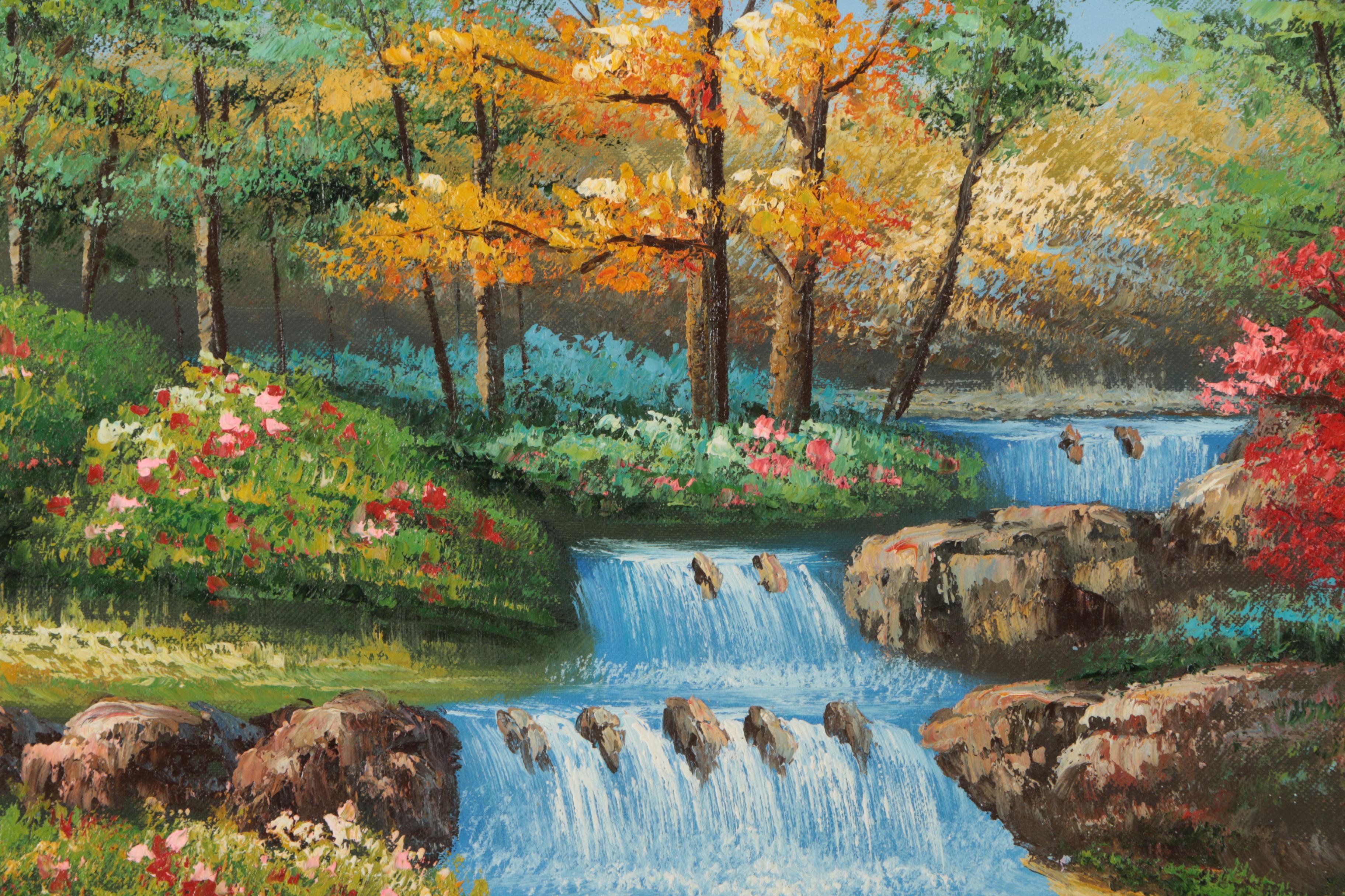Jacques Oil Painting on Canvas of Colorful Landscape with Waterfalls