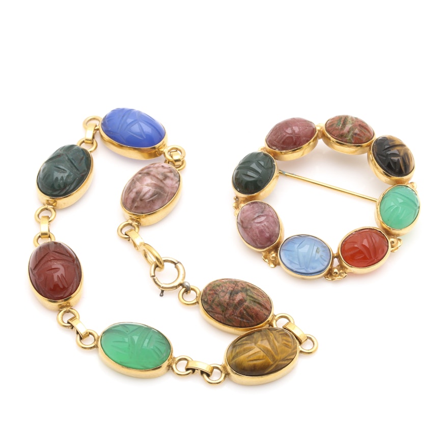 Van Dell 14K Yellow Gold Multi Gemstone Scarab Link Bracelet and Brooch