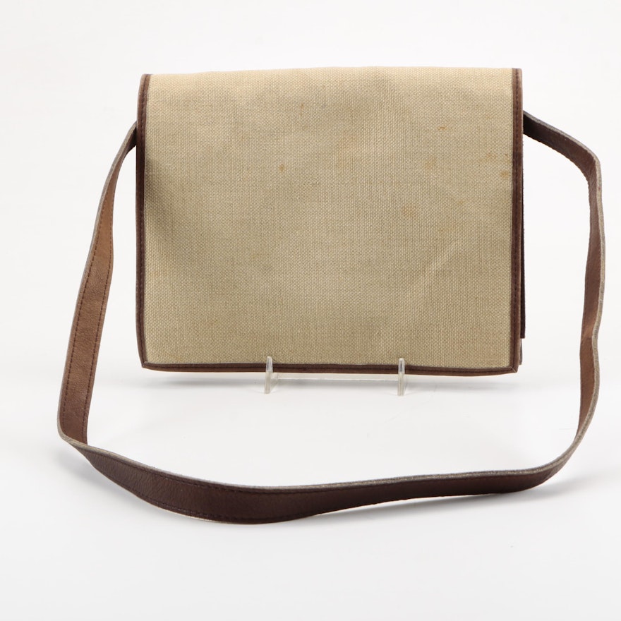 Yves Saint Laurent Brown Leather and Natural Canvas Bag