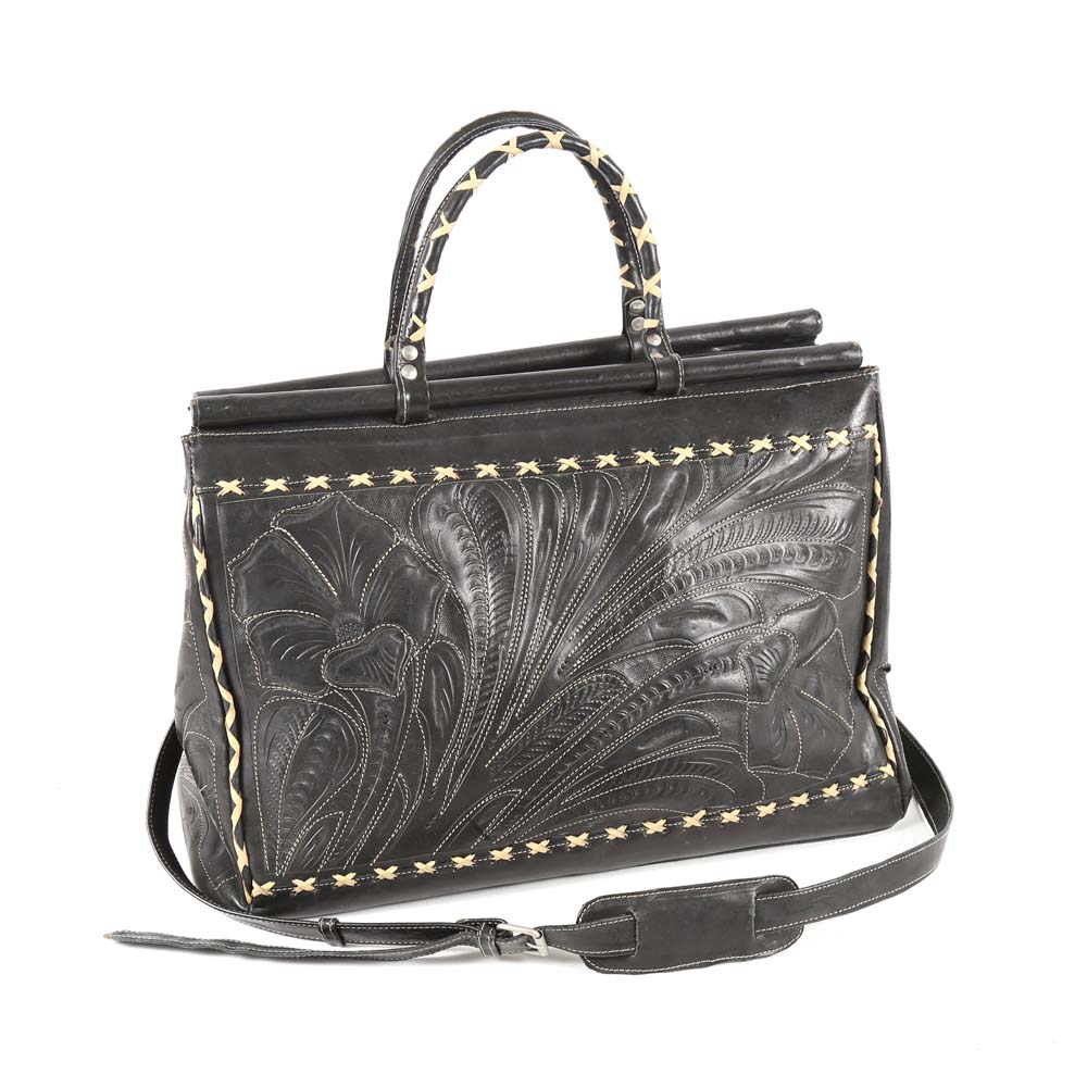 Leaders in Leather Hand Tooled Black Leather Tote Bag