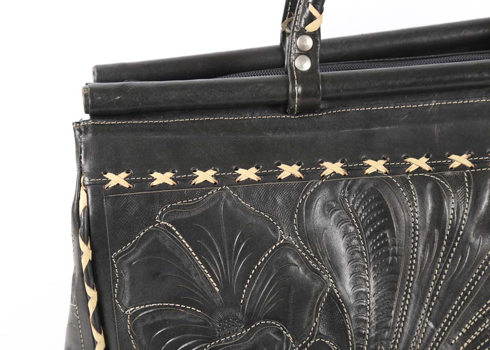 Leaders in Leather Hand Tooled Black Leather Tote Bag