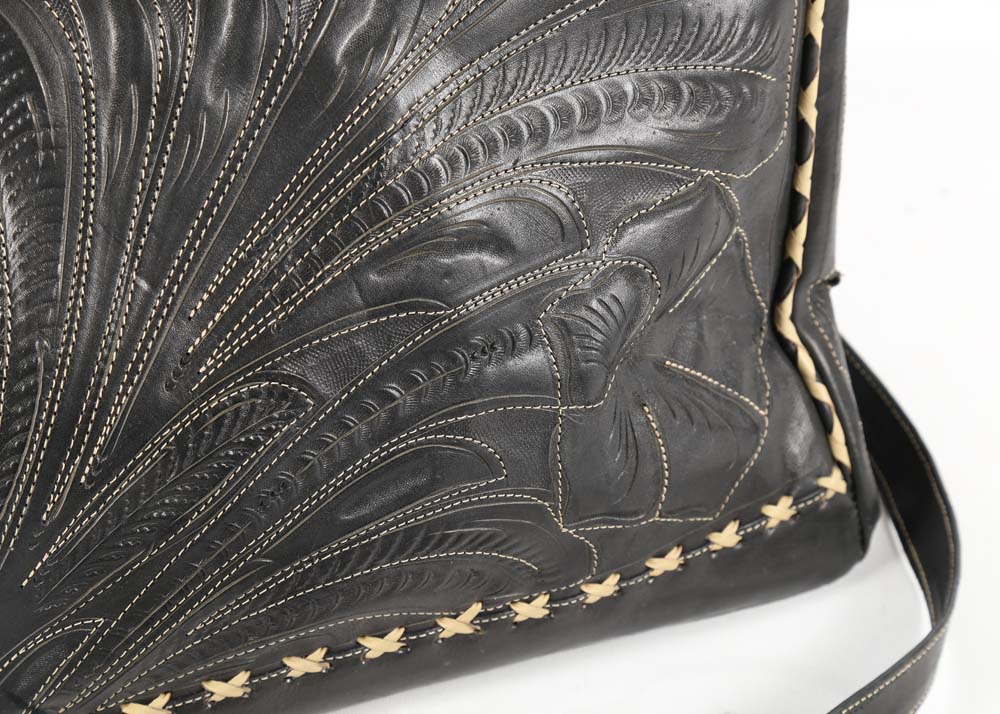 Leaders in Leather Hand Tooled Black Leather Tote Bag