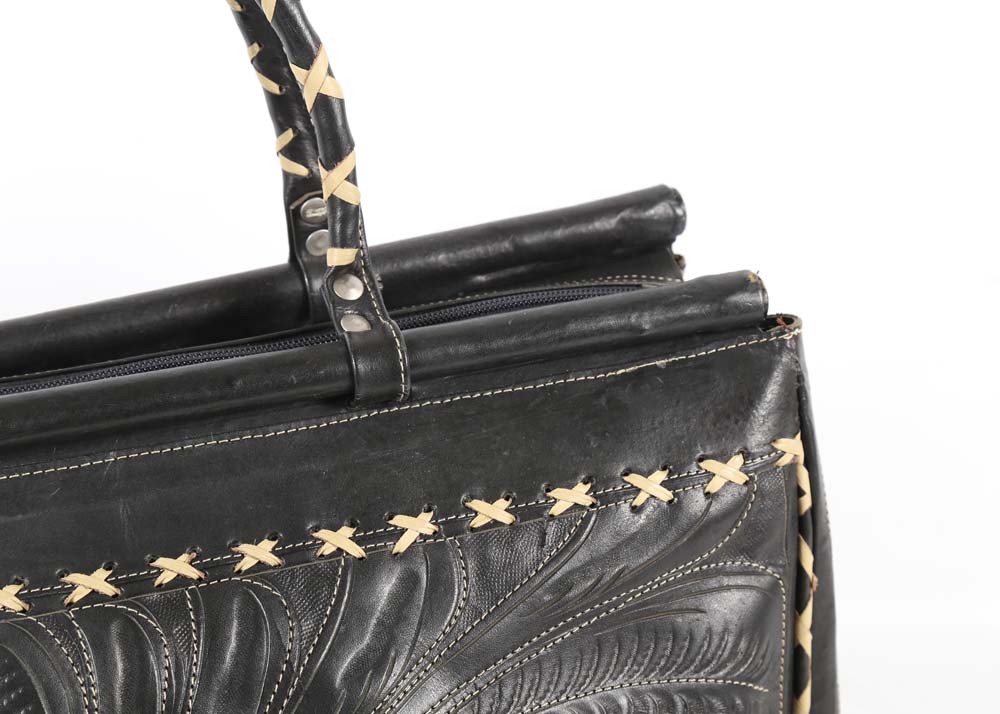 Leaders in Leather Hand Tooled Black Leather Tote Bag