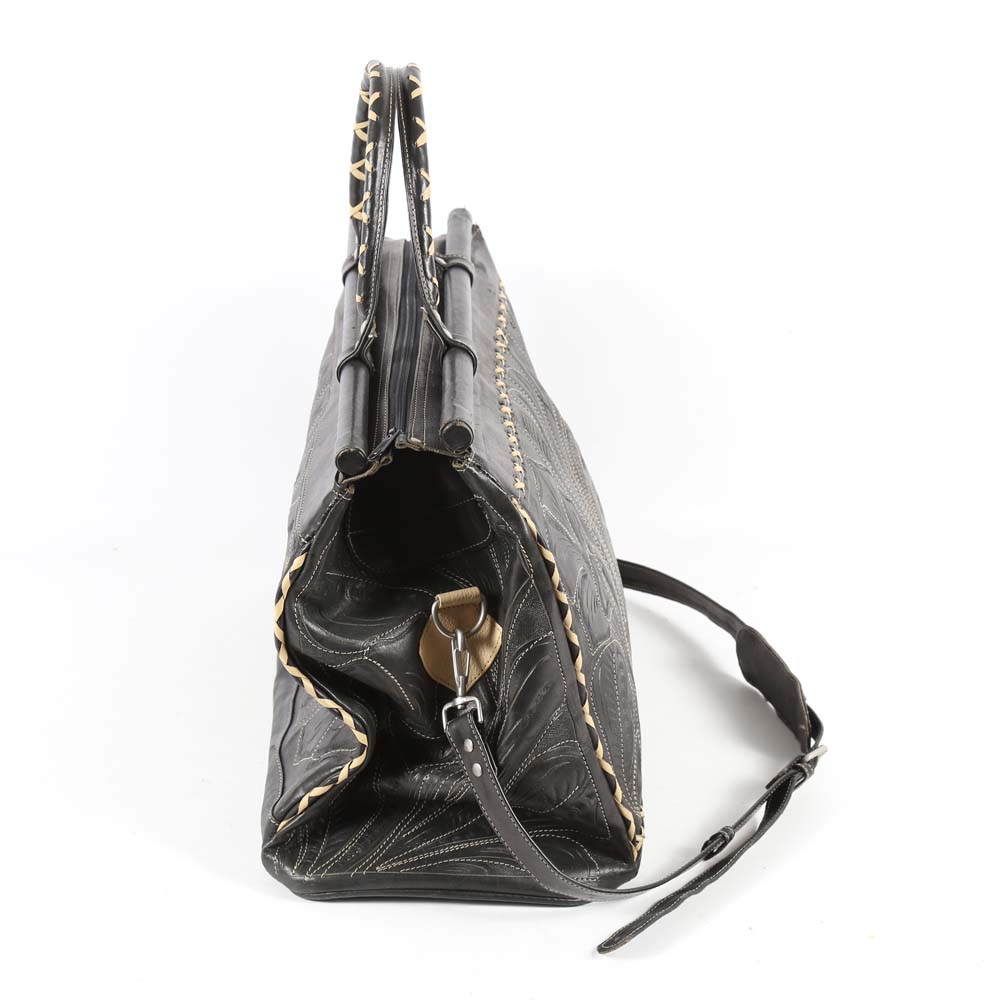 Leaders in Leather Hand Tooled Black Leather Tote Bag