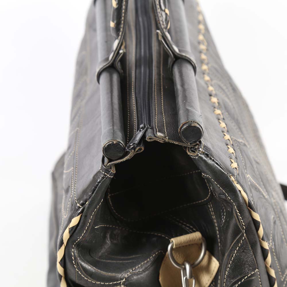Leaders in Leather Hand Tooled Black Leather Tote Bag