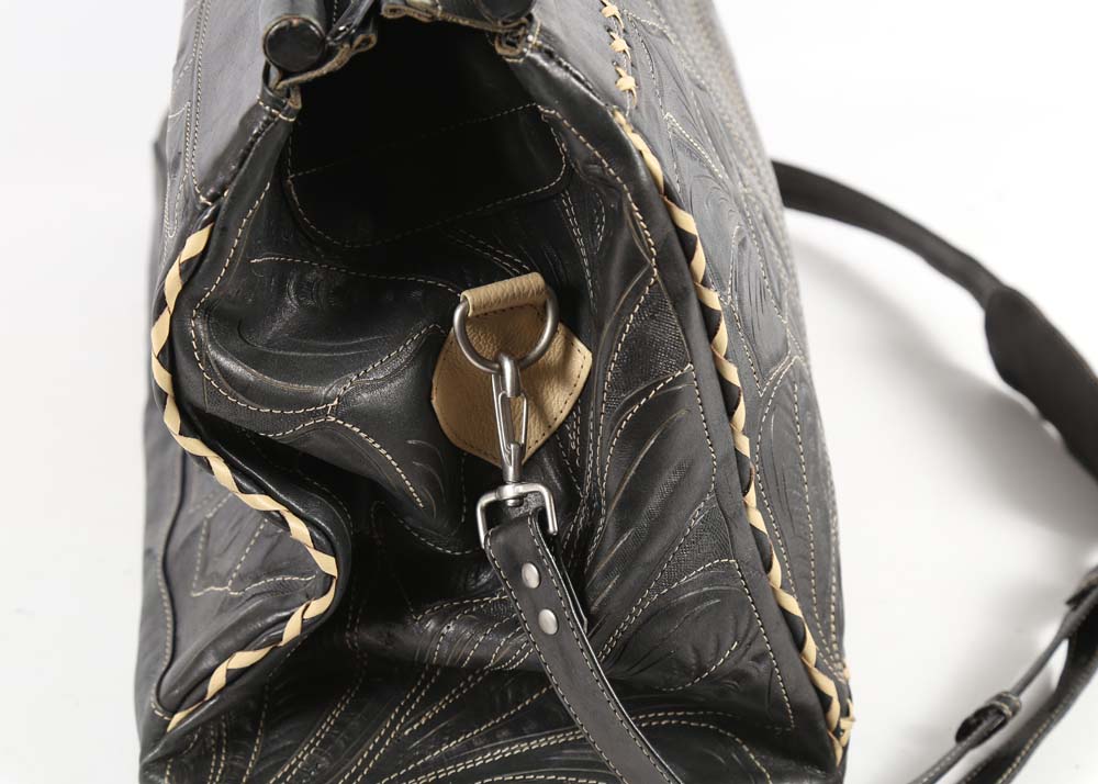 Leaders in Leather Hand Tooled Black Leather Tote Bag