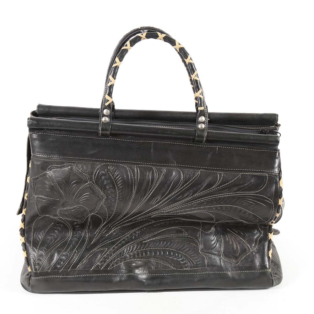 Leaders in Leather Hand Tooled Black Leather Tote Bag