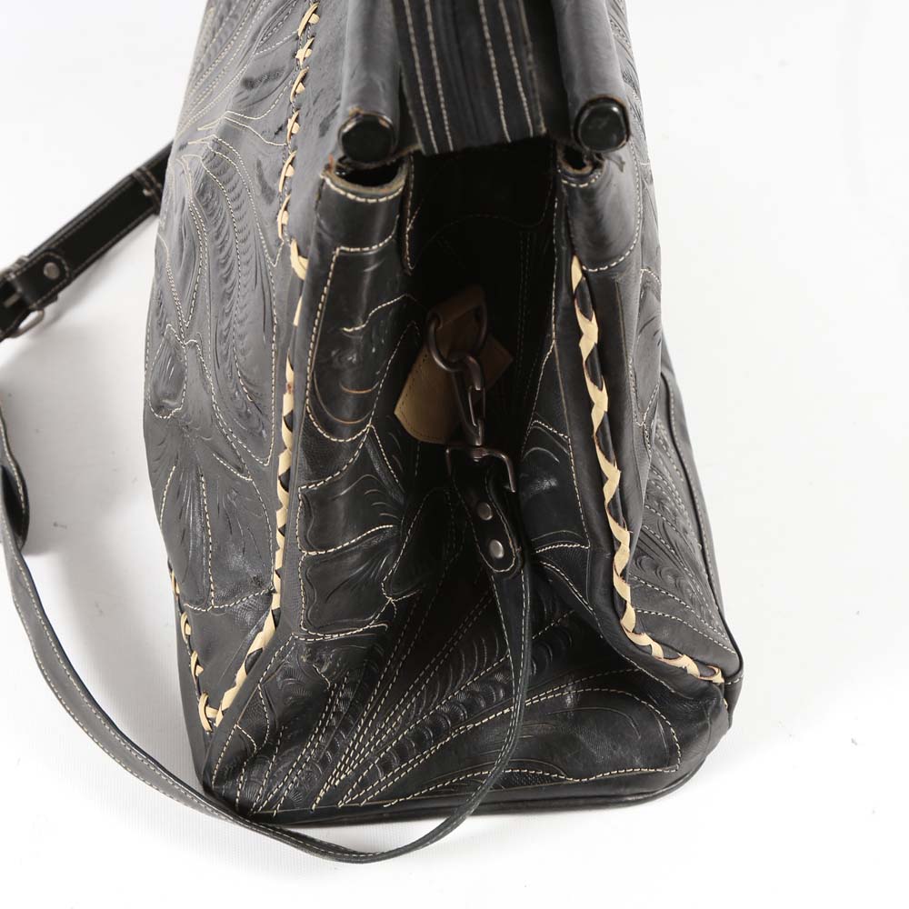 Leaders in Leather Hand Tooled Black Leather Tote Bag