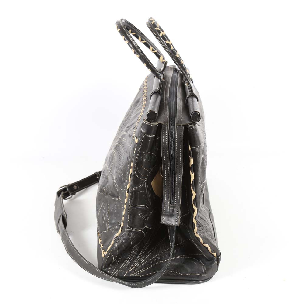 Leaders in Leather Hand Tooled Black Leather Tote Bag