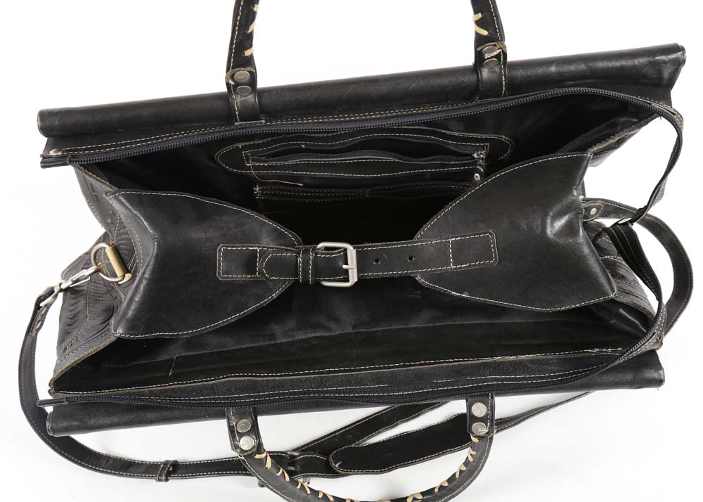 Leaders in Leather Hand Tooled Black Leather Tote Bag