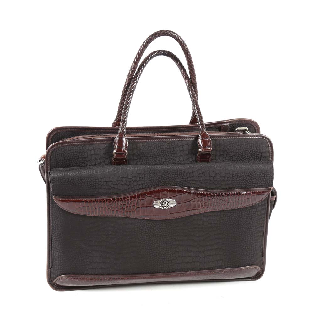 Brighton Black Nylon Print and Embossed Brown Leather Briefcase Tote Bag