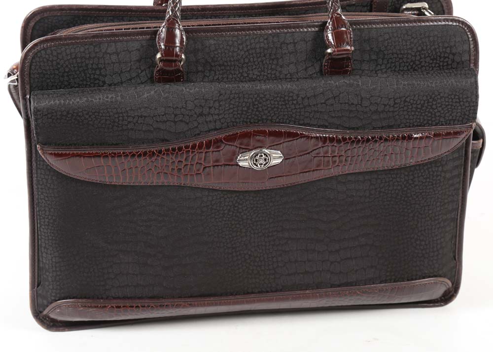 Brighton Black Nylon Print and Embossed Brown Leather Briefcase Tote Bag