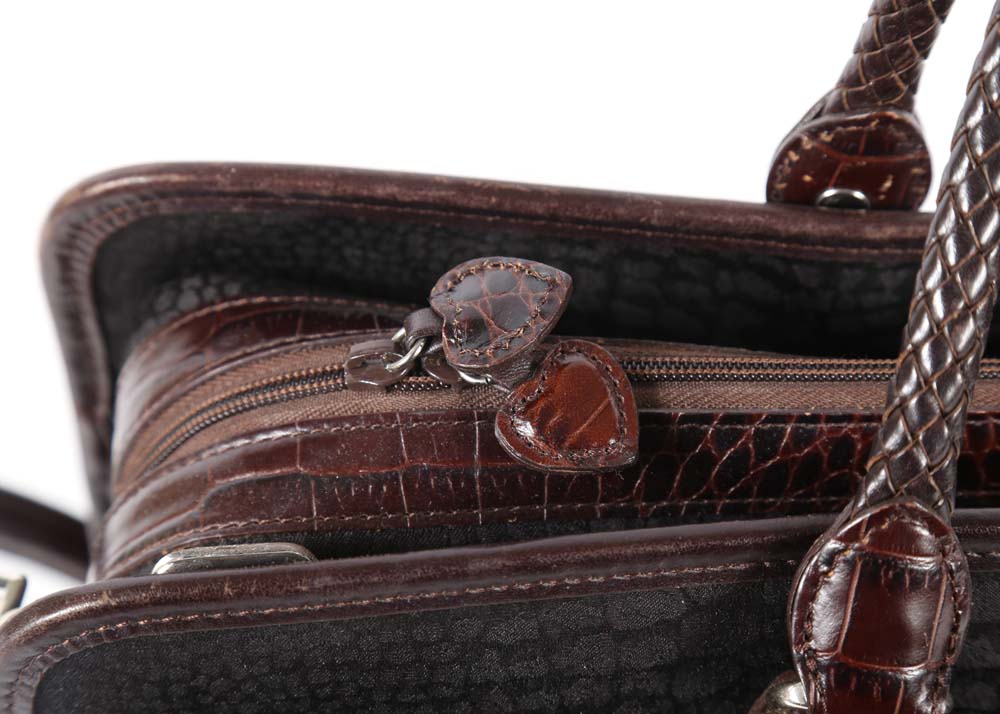 Brighton Black Nylon Print and Embossed Brown Leather Briefcase Tote Bag