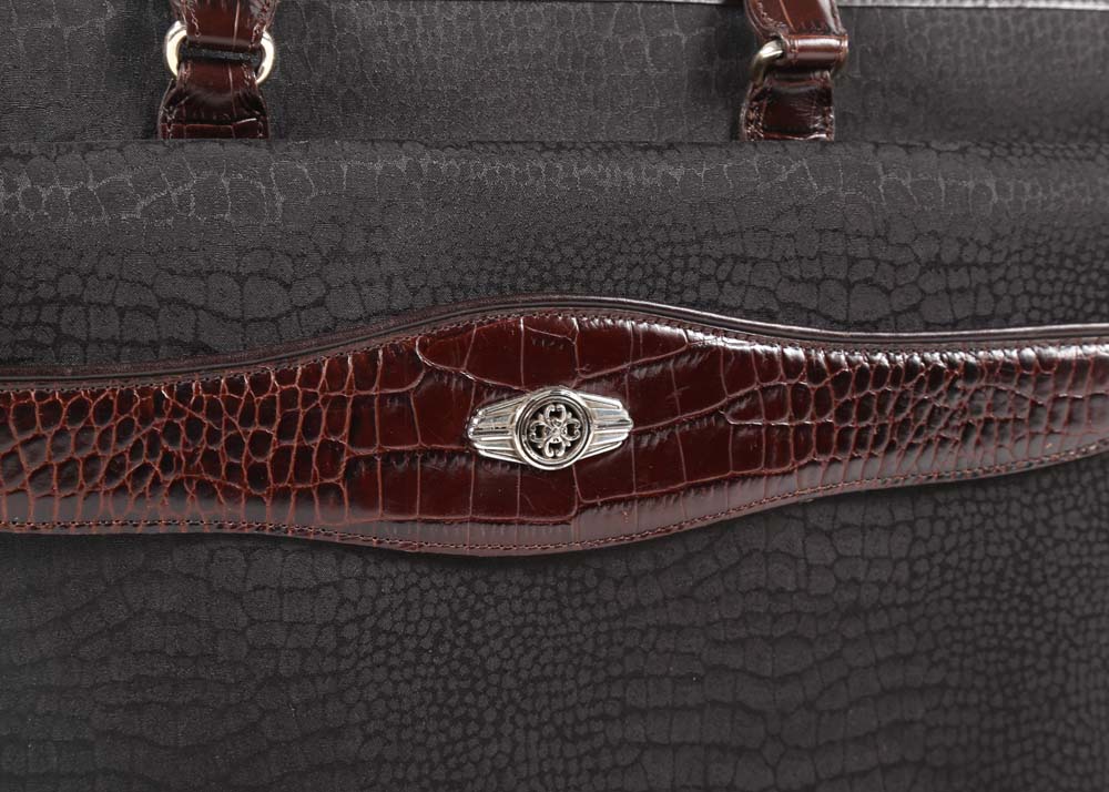 Brighton Black Nylon Print and Embossed Brown Leather Briefcase Tote Bag