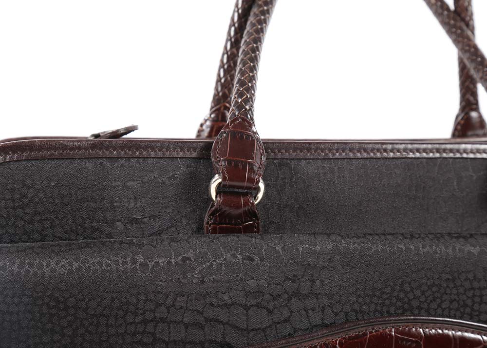 Brighton Black Nylon Print and Embossed Brown Leather Briefcase Tote Bag