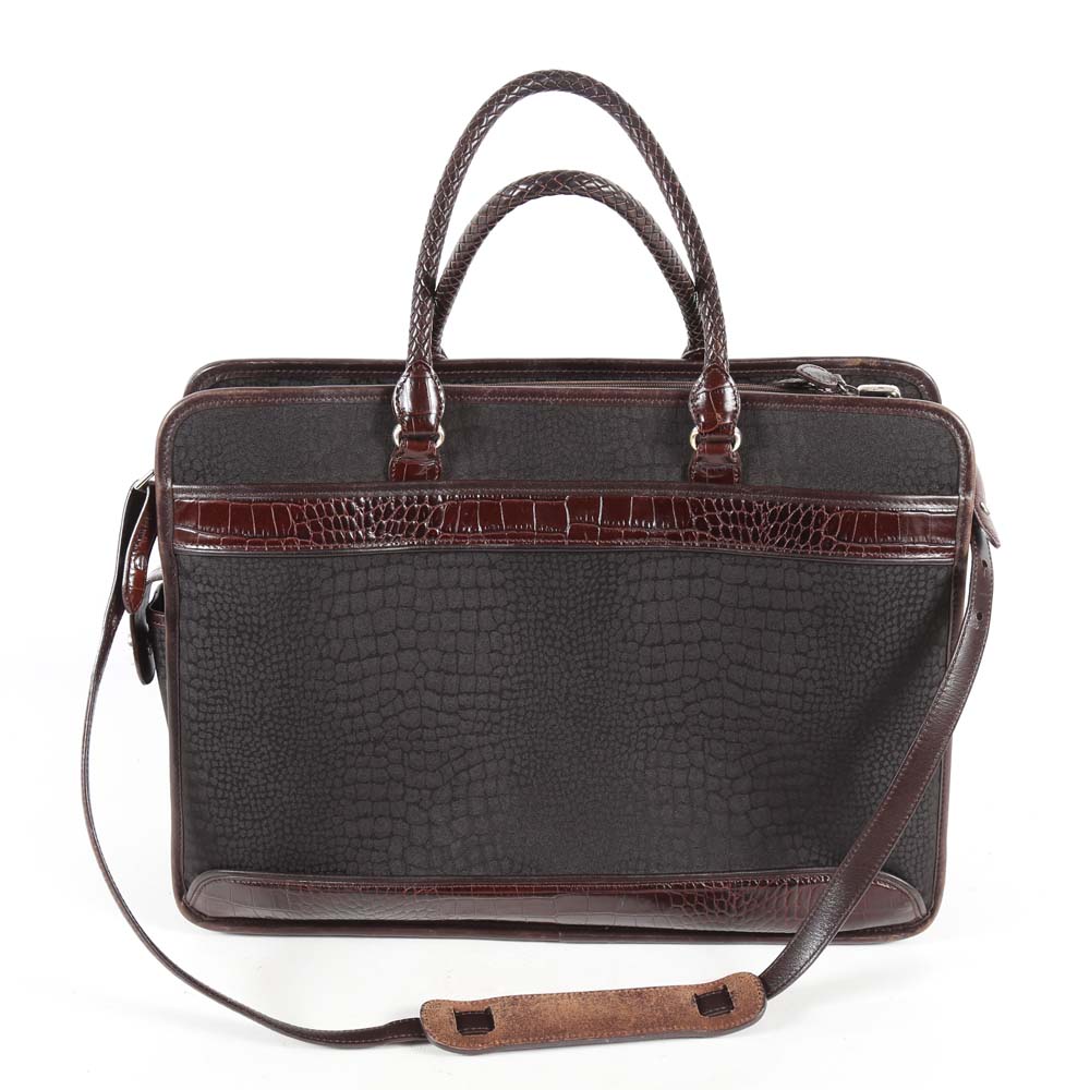 Brighton Black Nylon Print and Embossed Brown Leather Briefcase Tote Bag