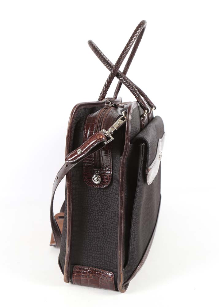 Brighton Black Nylon Print and Embossed Brown Leather Briefcase Tote Bag