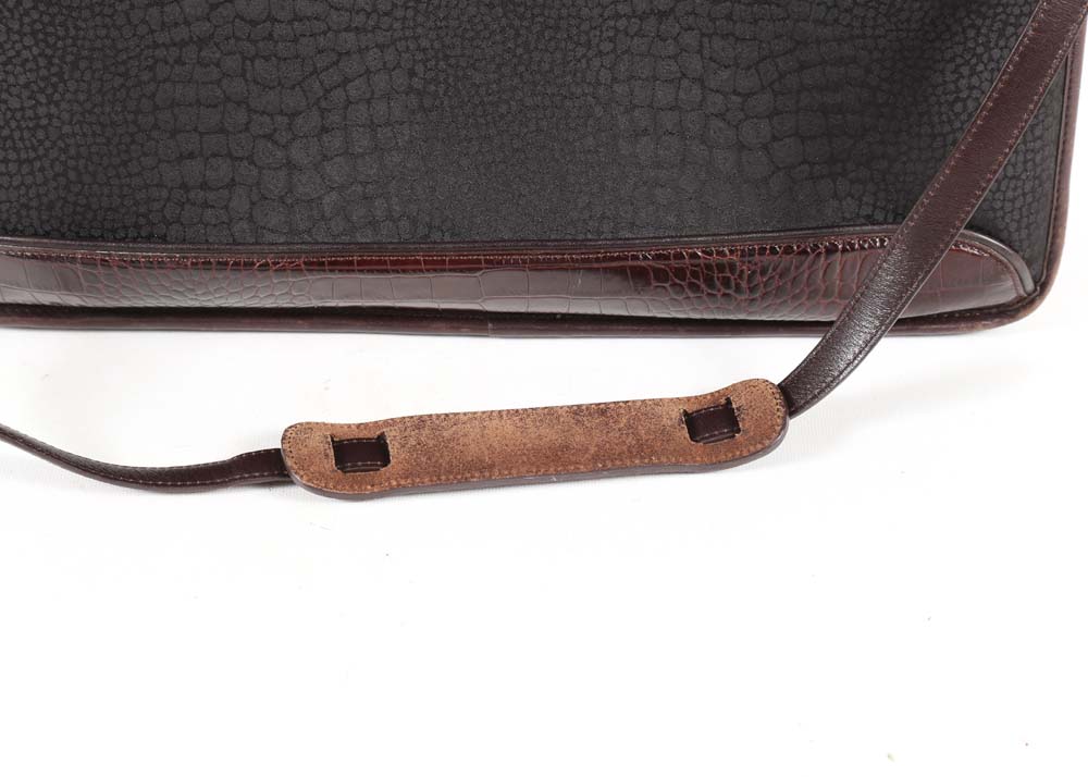 Brighton Black Nylon Print and Embossed Brown Leather Briefcase Tote Bag