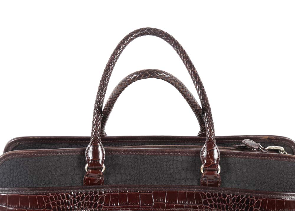 Brighton Black Nylon Print and Embossed Brown Leather Briefcase Tote Bag