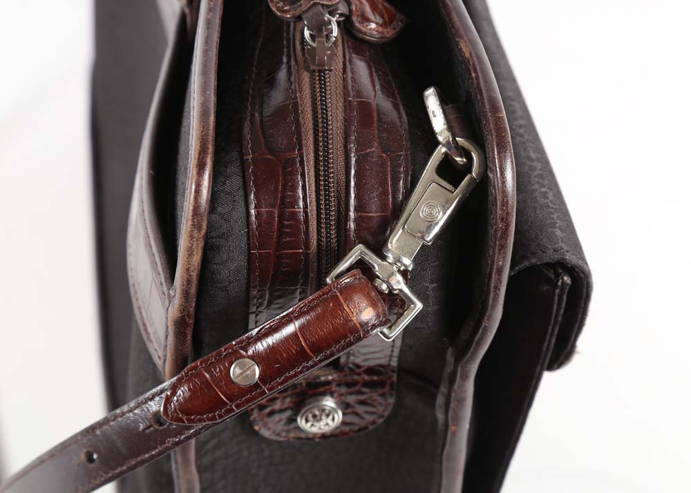 Brighton Black Nylon Print and Embossed Brown Leather Briefcase Tote Bag