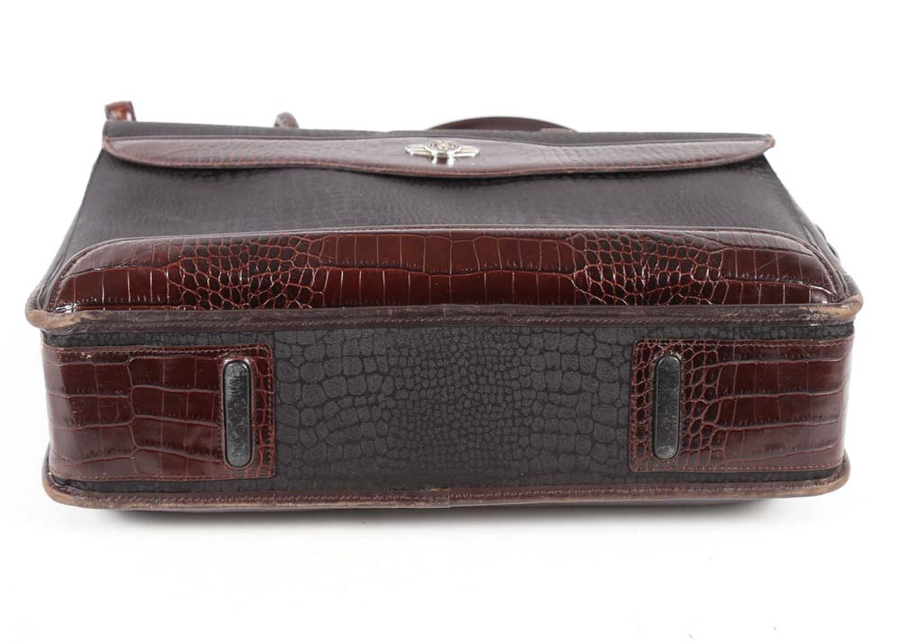 Brighton Black Nylon Print and Embossed Brown Leather Briefcase Tote Bag