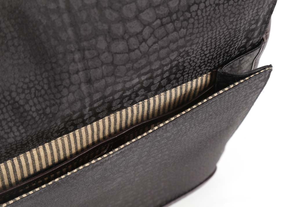 Brighton Black Nylon Print and Embossed Brown Leather Briefcase Tote Bag