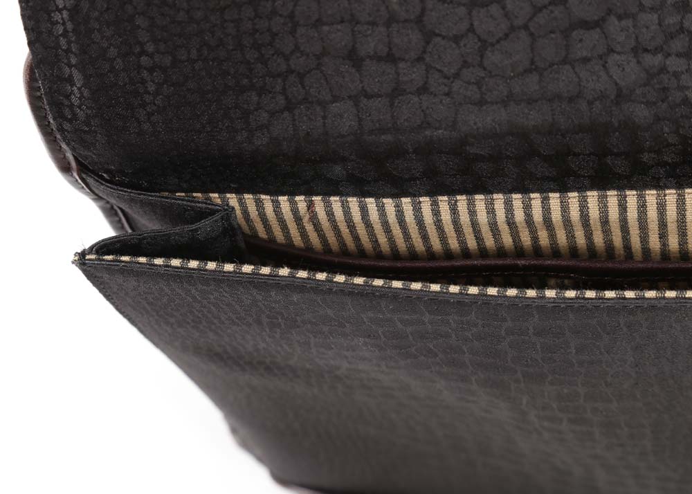 Brighton Black Nylon Print and Embossed Brown Leather Briefcase Tote Bag