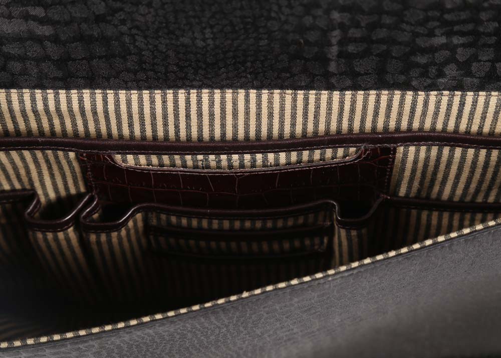 Brighton Black Nylon Print and Embossed Brown Leather Briefcase Tote Bag