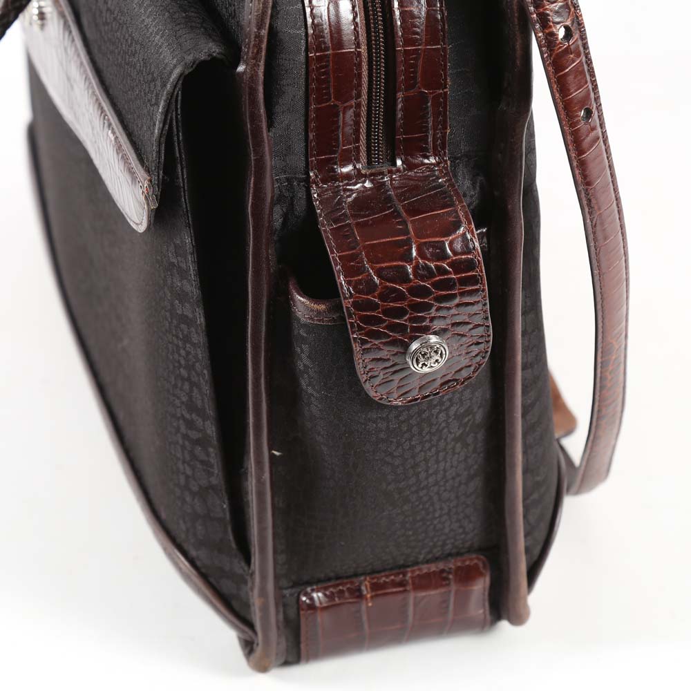 Brighton Black Nylon Print and Embossed Brown Leather Briefcase Tote Bag