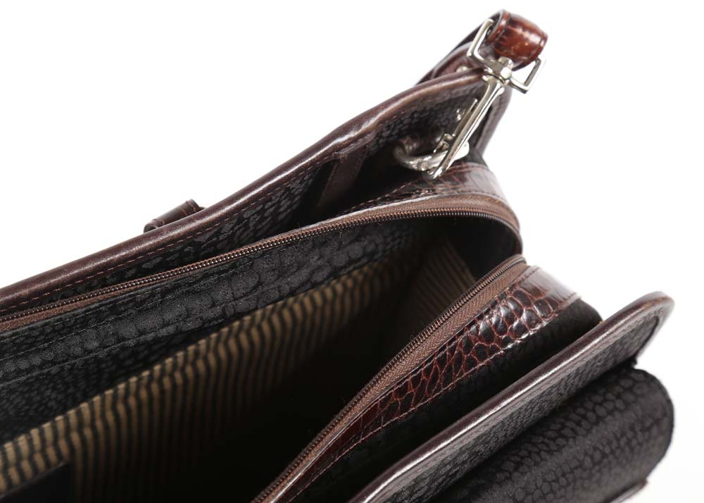 Brighton Black Nylon Print and Embossed Brown Leather Briefcase Tote Bag