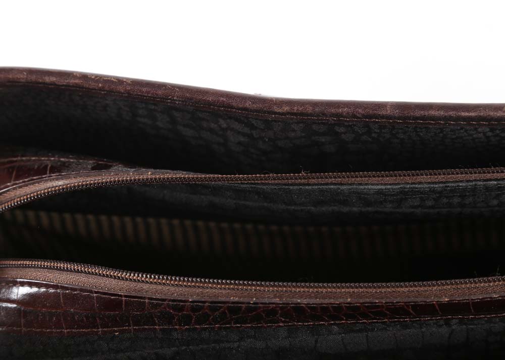 Brighton Black Nylon Print and Embossed Brown Leather Briefcase Tote Bag