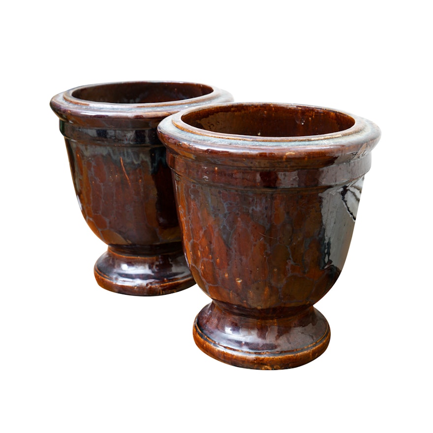 Pair of Brown Glazed Pottery Planters