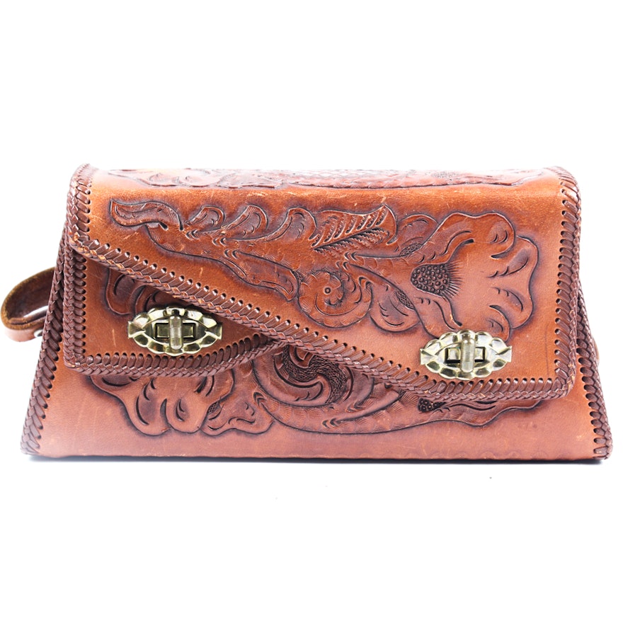Vintage Hand Tooled Brown Leather Handbag
