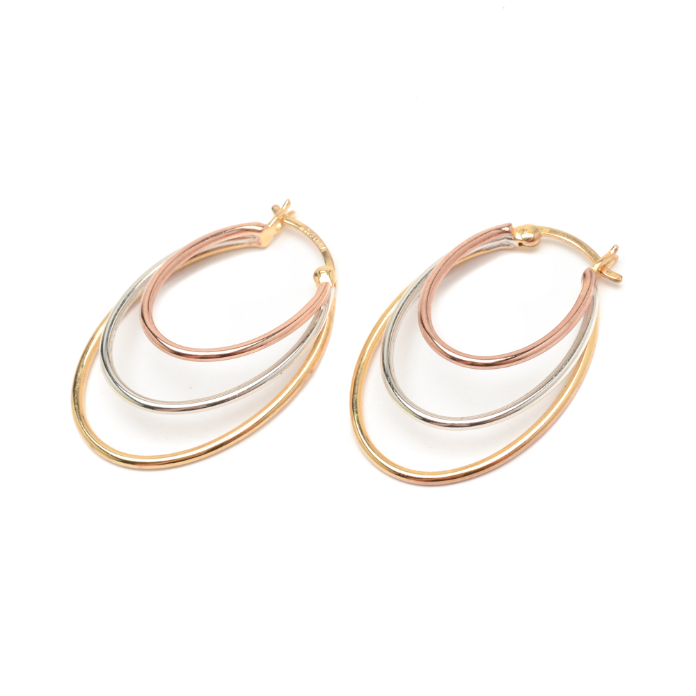 Pair of Tri-Color Gold Wash Over Sterling Silver Hoop Earrings