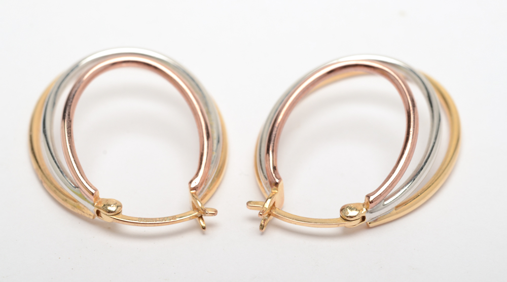 Pair of Tri-Color Gold Wash Over Sterling Silver Hoop Earrings